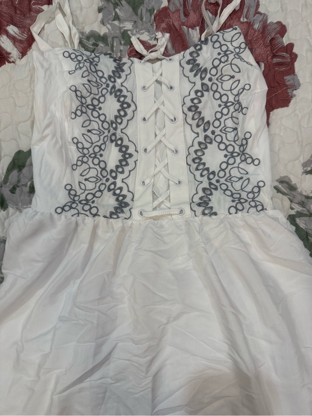 torrid White Sundress with grey Embroidered Lace-Up Front